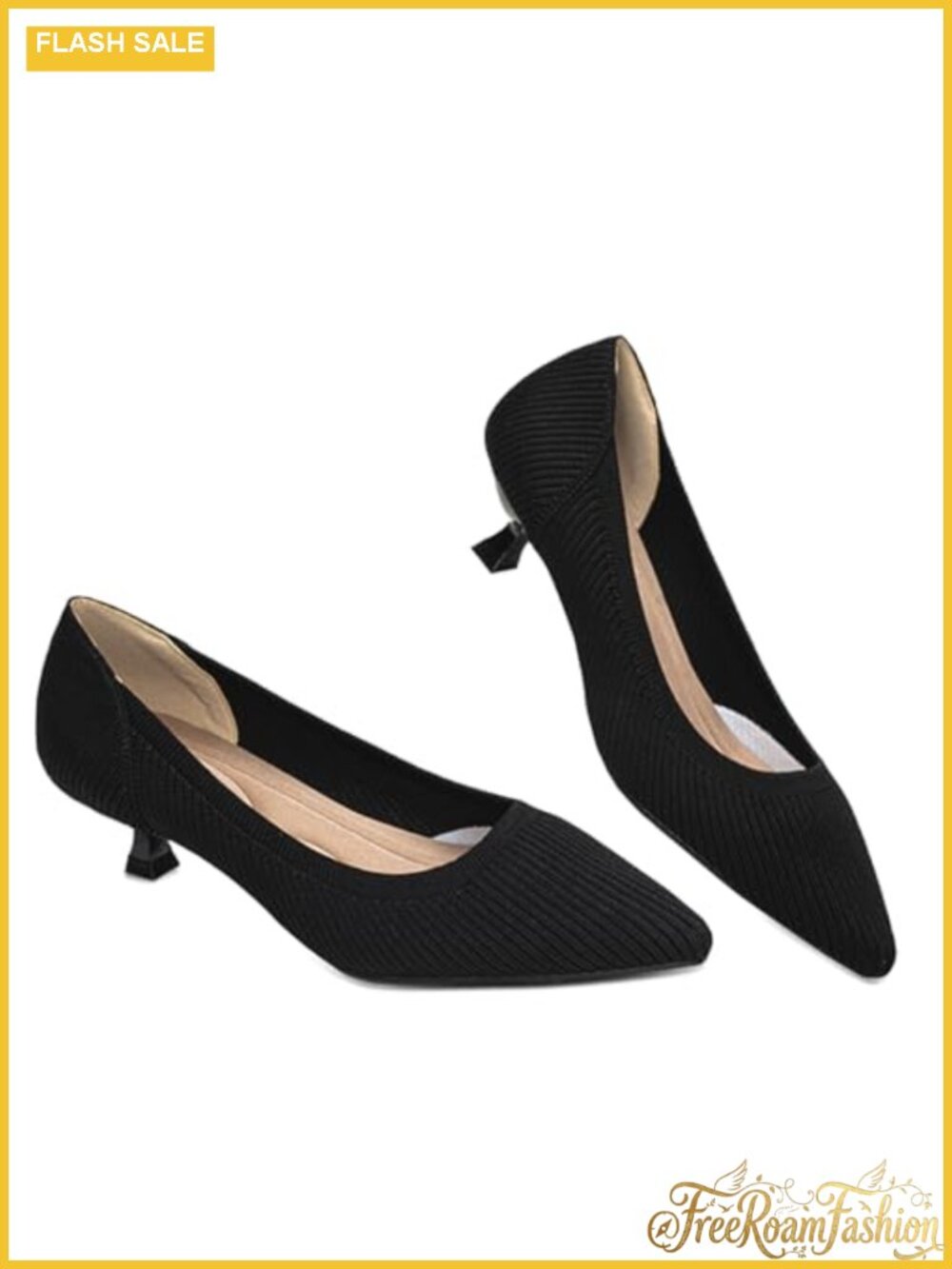 Kitten Heels Pointed Toe Knit Pumps Comfortable Slip On Dress Shoes for Work